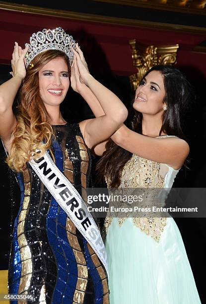 Miss Universe Spain 2013, Patricia Yurena Rodriguez , crowns Miss Universe Spain 2014 Desiree Cordero at Bodevil Theatre on October 28, 2014 in...