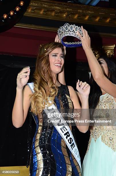 Miss Universe Spain 2013, Patricia Yurena Rodriguez , crowns Miss Universe Spain 2014 Desiree Cordero at Bodevil Theatre on October 28, 2014 in...