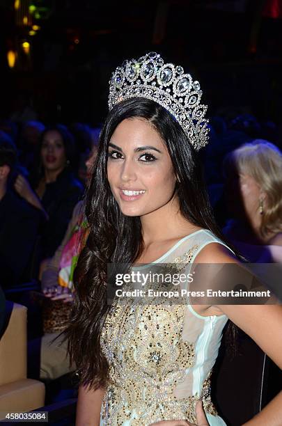 Miss Universe Spain 2013, Patricia Yurena Rodriguez, crowns Miss Universe Spain 2014 Desiree Cordero at Bodevil Theatre on October 28, 2014 in...