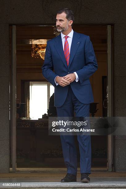 King Felipe VI of Spain receives Chilean President Michelle Bachelet at the Zarzuela Palace on October 29, 2014 in Madrid, Spain.