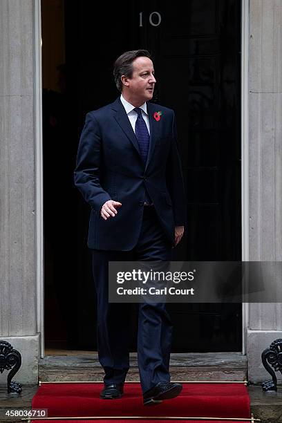 British Prime Minister David Cameron prepares to greet Sheikh Tamim bin Hamad Al Thani, the Emir of Qatar, at Downing Street on October 29, 2014 in...