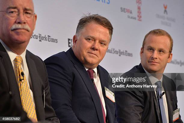 Left-Right: Albert Helmig, Christopher Blake and Pierre Andurand appear on stage on Day 1 at the International New York Times/Energy Intelligence Oil...