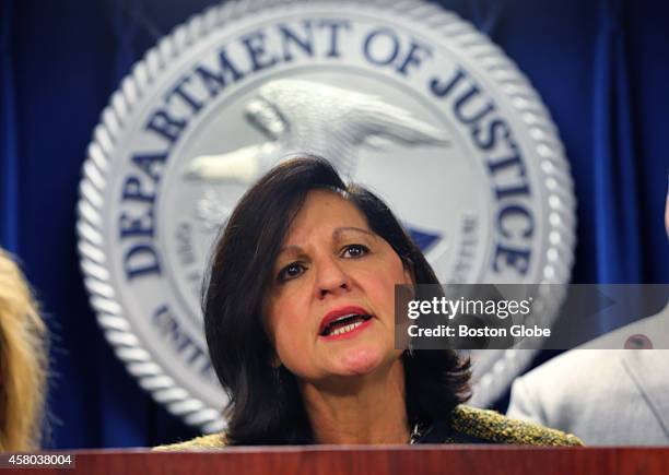 Attorney Carmen Ortiz addresses the media at Moakley Federal Court in Boston, after a guilty verdict was given to Robel Phillipos, a friend of the...