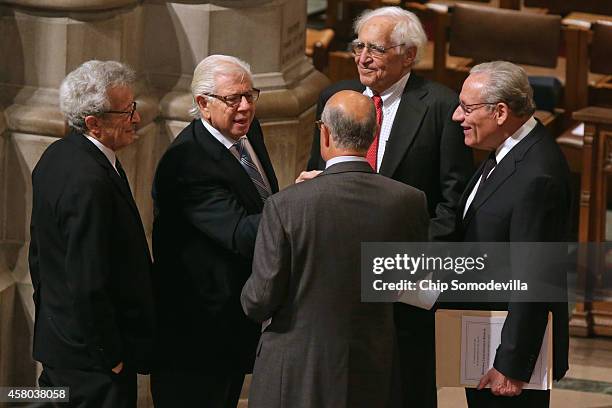 Past and present Washington Post journalists Bob Woodward , Carl Bernstein , Walter Pincus and others prepare for the funeral of former Washington...