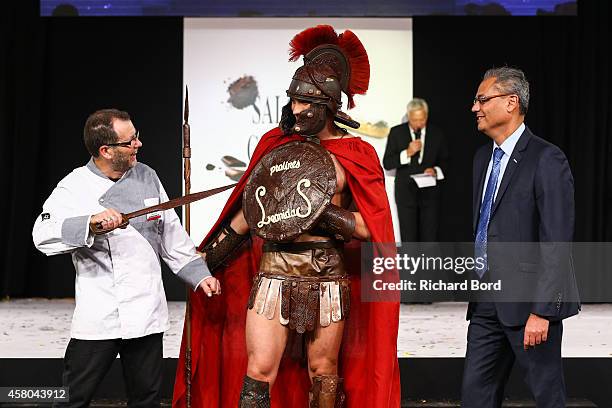 Chocolate maker Jean-Luc Decluzeau and Clement Becq walk the runway during the Fashion Chocolate show at Salon du Chocolat at Parc des Expositions...