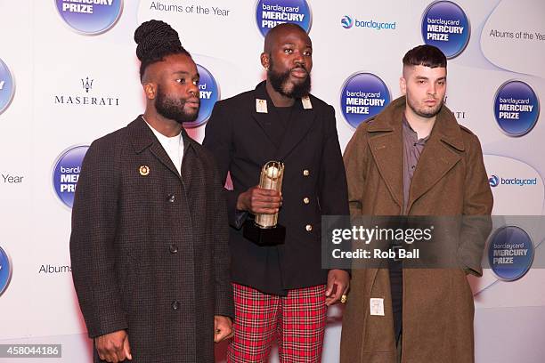 Alloysious Massaquoi, Kayus Bankole and G Hastings from Young Fathers attend the Barclaycard Mercury Prize at The Roundhouse on October 29, 2014 in...