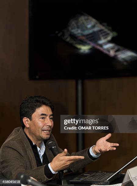 Archaeologist Sergio Gomez speaks during a press conference in Mexico City on October 29, 2014 where he announced recent discoveries made at the...