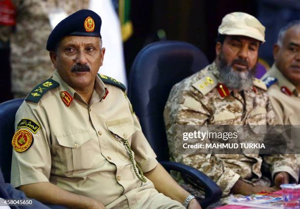 Libyan Army Chief of Staff, Colonel Abdessalem Jadallah al-Salihine takes part in an extraordinary meeting attended by Libyan army's soldiers to...