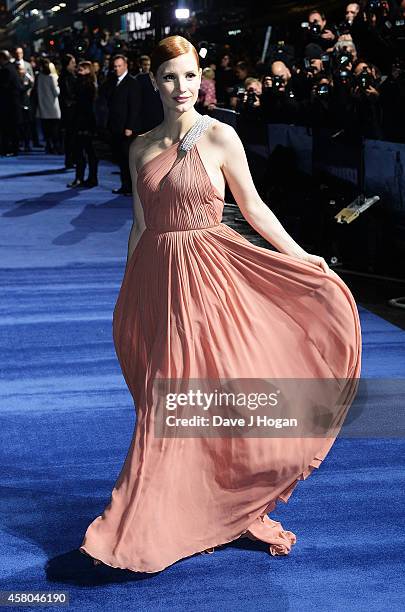 Jessica Chastain attends the European premiere of "Interstellar" at Odeon Leicester Square on October 29, 2014 in London, England.