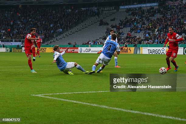Admir Mehmedi of Freiburg scores the second team goal during the DFB Cup second round match between 1860 Muenchen and SC Freiburg at Allianz Arena on...
