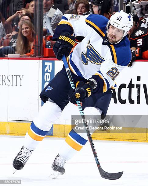 Patrik Berglund of the St. Louis Blues skates against the Anaheim Ducks on October 19, 2014 at Honda Center in Anaheim, California.