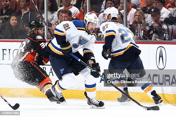 Patrik Berglund of the St. Louis Blues handles the puck against the Anaheim Ducks on October 19, 2014 at Honda Center in Anaheim, California.