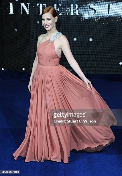 Jessica Chastain attends the European premiere of "Interstellar" at Odeon Leicester Square on October 29, 2014 in London, England.