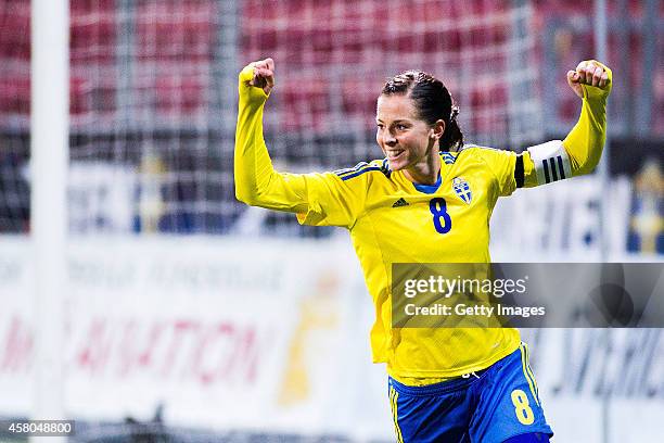 Lotta Schelin celebrates after her 200 goal in the swedish national team during the Women's international friendly between Sweden and Germany at...