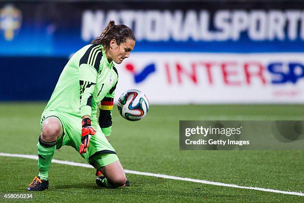 Nadine Angerer makes a save during the Women's international friendly between Sweden and Germany at Behrn Arena on October 29, 2014 in Orebro, Sweden.