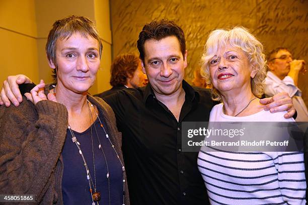 Clelia Ventura, Laurent Gerra and Miss Georges Lautner pose backstage following the show of impersonator Laurent Gerra "Un spectacle Normal" at...