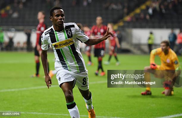 Ibrahim Traore of Gladbach celebrates after scoring his team's second goal during during the DFB cup second round match between Eintracht Frankfurt...