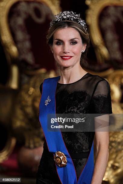 Queen Letizia of Spain receives Chilean President Michelle Bachelet for a Gala dinner at the Royal Palace on October 29, 2014 in Madrid, Spain.