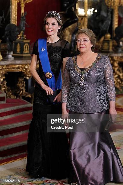 Queen Letizia of Spain receive Chilean President Michelle Bachelet for a Gala dinner at the Royal Palace on October 29, 2014 in Madrid, Spain.