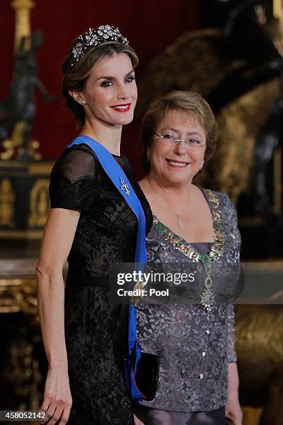 Queen Letizia of Spain receive Chilean President Michelle Bachelet for a Gala dinner at the Royal Palace on October 29, 2014 in Madrid, Spain.