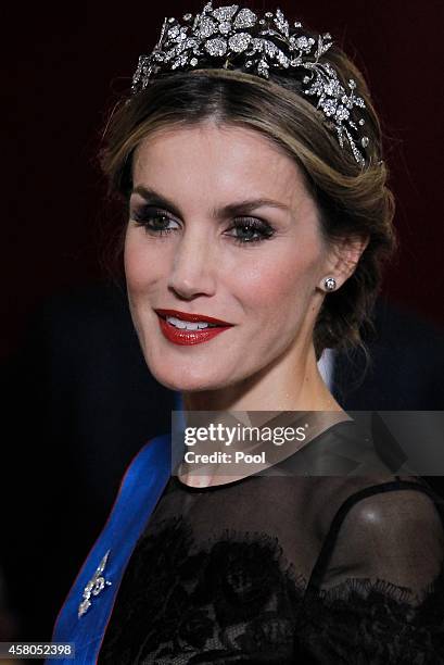 Queen Letizia of Spain receives Chilean President Michelle Bachelet for a Gala dinner at the Royal Palace on October 29, 2014 in Madrid, Spain.