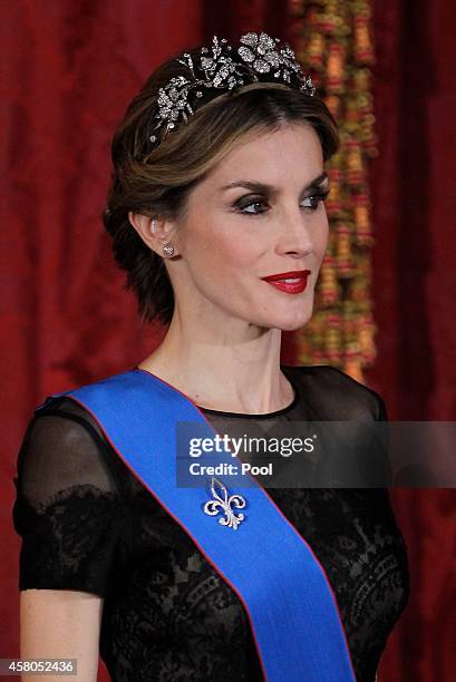 Queen Letizia of Spain receives Chilean President Michelle Bachelet for a Gala dinner at the Royal Palace on October 29, 2014 in Madrid, Spain.