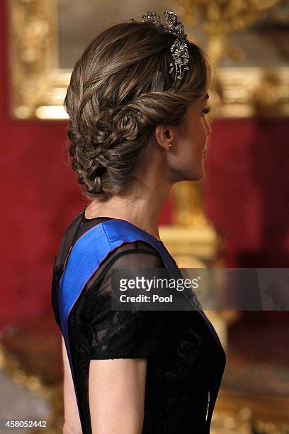 Queen Letizia of Spain receives Chilean President Michelle Bachelet for a Gala dinner at the Royal Palace on October 29, 2014 in Madrid, Spain.