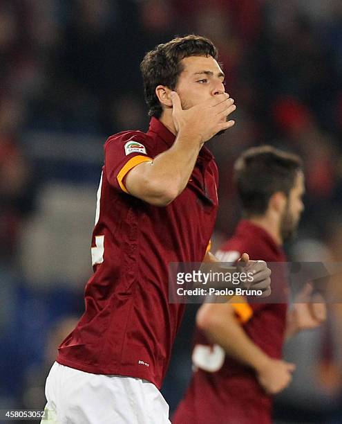 Mattia Destro of AS Roma celebrates after scoring the opening goal during the Serie A match between AS Roma and AC Cesena at Stadio Olimpico on...
