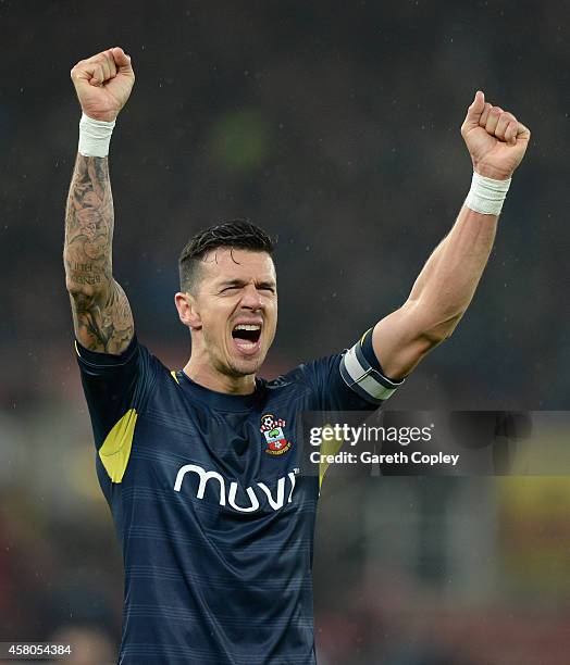 Jose Fonte of Southampton celebrates after winning the Capital One Cup Fourth Round match between Stoke City and Southampton at Britannia Stadium on...