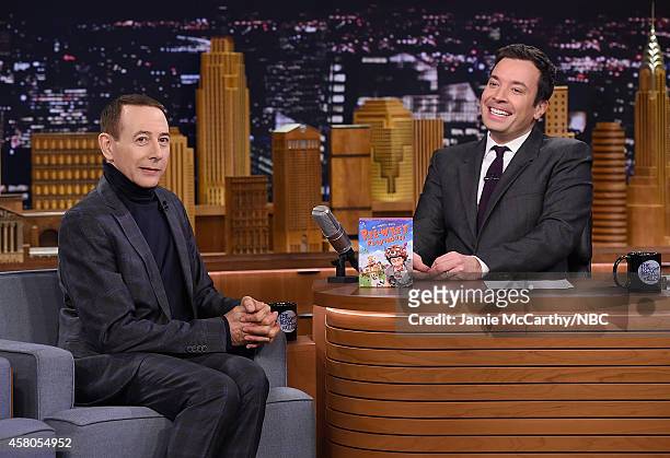 Paul Reubens and host Jimmy Fallon during a segment on "The Tonight Show Starring Jimmy Fallon" at Rockefeller Center on October 29, 2014 in New York...