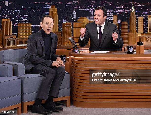 Paul Reubens and host Jimmy Fallon during a segment on "The Tonight Show Starring Jimmy Fallon" at Rockefeller Center on October 29, 2014 in New York...