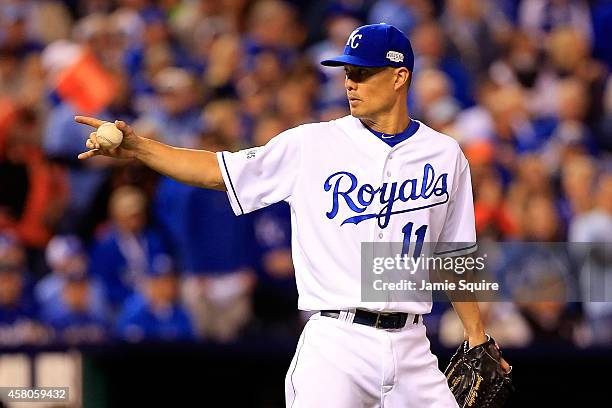 Jeremy Guthrie of the Kansas City Royals reacts in the second inning against the San Francisco Giants during Game Seven of the 2014 World Series at...