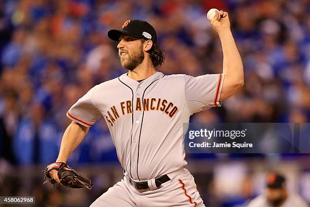 Madison Bumgarner of the San Francisco Giants pitches against the Kansas City Royals in the fifth inning during Game Seven of the 2014 World Series...