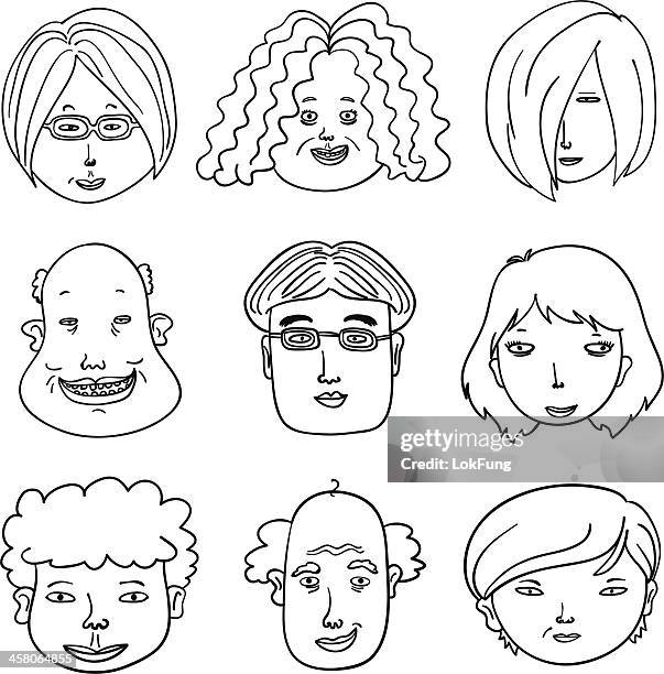 cartoon human faces in black and white - round eyeglasses clip art stock illustrations