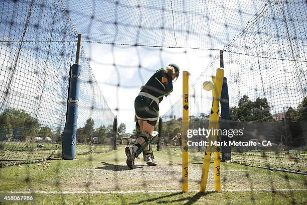 Ellyse Perry bowls to Alex Blackwell during an Australian Southern Stars training session at Sydney University on October 30, 2014 in Sydney,...