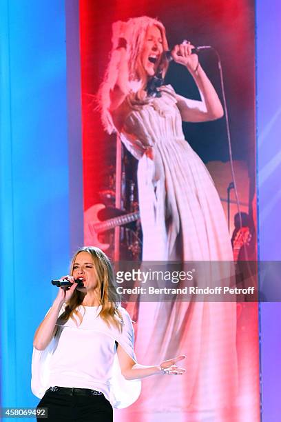 Singer Veronic Dicaire performs imitating Celine Dion and presents her show 'Voices' at l'Olympia during the 'Vivement Dimanche' French TV Show. Held...