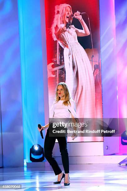 Singer Veronic Dicaire performs imitating Celine Dion and presents her show 'Voices' at l'Olympia during the 'Vivement Dimanche' French TV Show. Held...