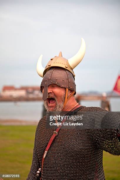 viking-enactor feigning fury in einem horned helmet - viking helmet stock-fotos und bilder