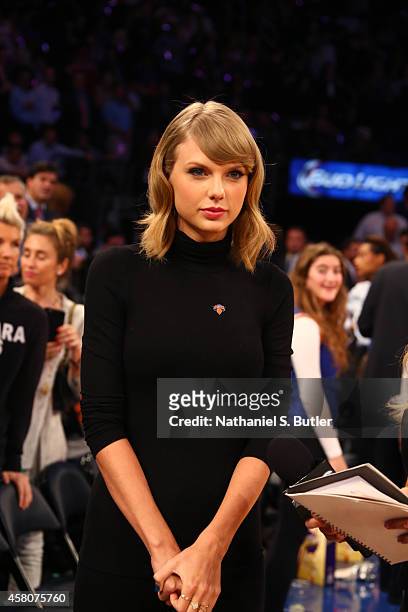 Musician Taylor Swift looks on during a game between the New York Knicks and the Chicago Bulls at Madison Square Garden in New York City on October...
