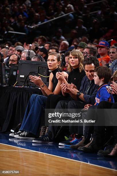 Musician Taylor Swift and actor Ben Stiller watch a game between the New York Knicks and the Chicago Bulls at Madison Square Garden in New York City...