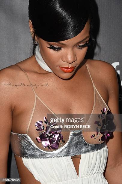 Singer Rihanna attends amfARs fifth annual Inspiration Gala in Los Angeles, October 29, 2014 at Milk Studios in Hollywood, California. AFP PHOTO /...