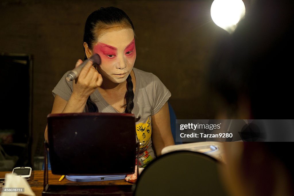 Actress making up at back stage