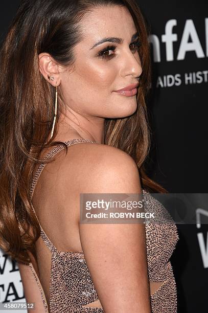 Actress Lea Michele attends amfARs fifth annual Inspiration Gala in Los Angeles, October 29, 2014 at Milk Studios in Hollywood, California. AFP PHOTO...