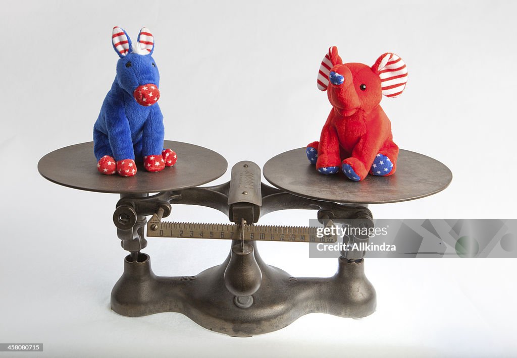 US political mascotts on antique scale