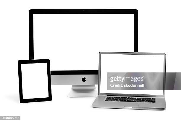 apple ipad imac and mackbook pro on white - apple mac pro stockfoto's en -beelden