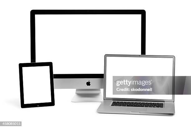 apple ipad imac and mackbook pro on white - apple laptop stock pictures, royalty-free photos & images