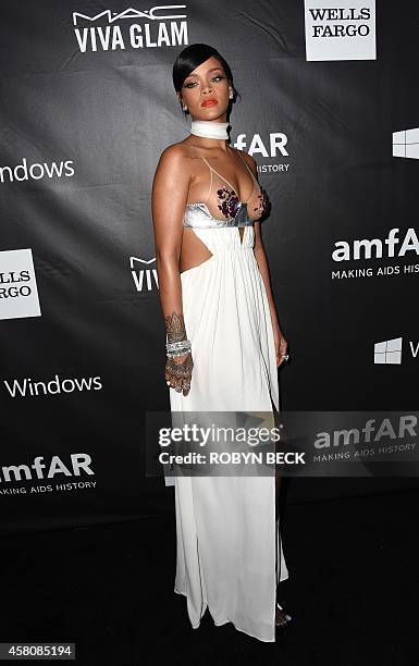 Singer Rihanna attends amfARs fifth annual Inspiration Gala in Los Angeles, October 29, 2014 at Milk Studios in Hollywood, California. AFP PHOTO /...