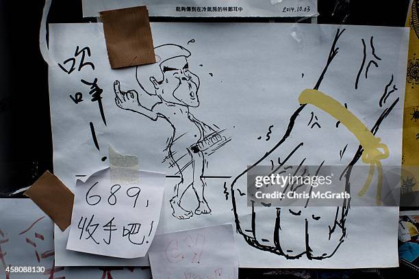 Poster showing Hong Kong's Chief Executive C.Y. Leung is seen on a wall at the Occupy Central protest site in the Admiralty District on October 29,...