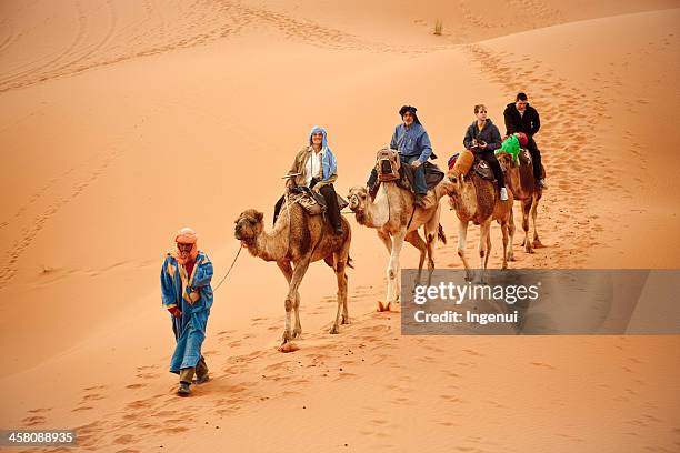 tourist camel safari in sahara desert - merzouga stock pictures, royalty-free photos & images