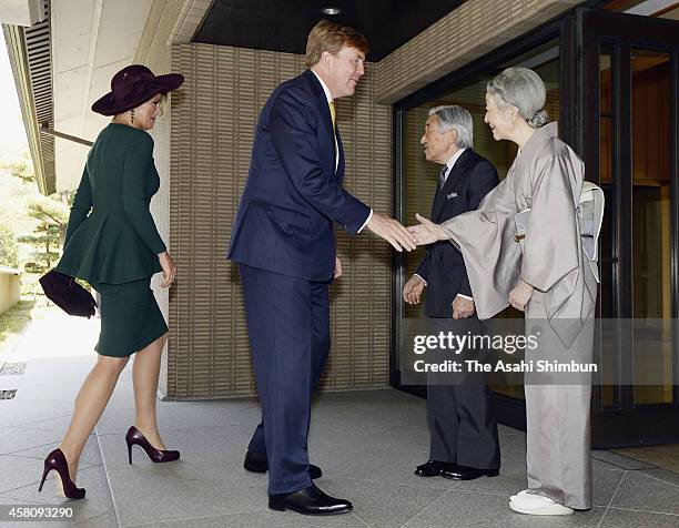 Emperor Akihito and Empress Michiko welcome King Willem-Alexander and Queen Maxima of the Netherlands for a luncheon at the Imperial Palace on...